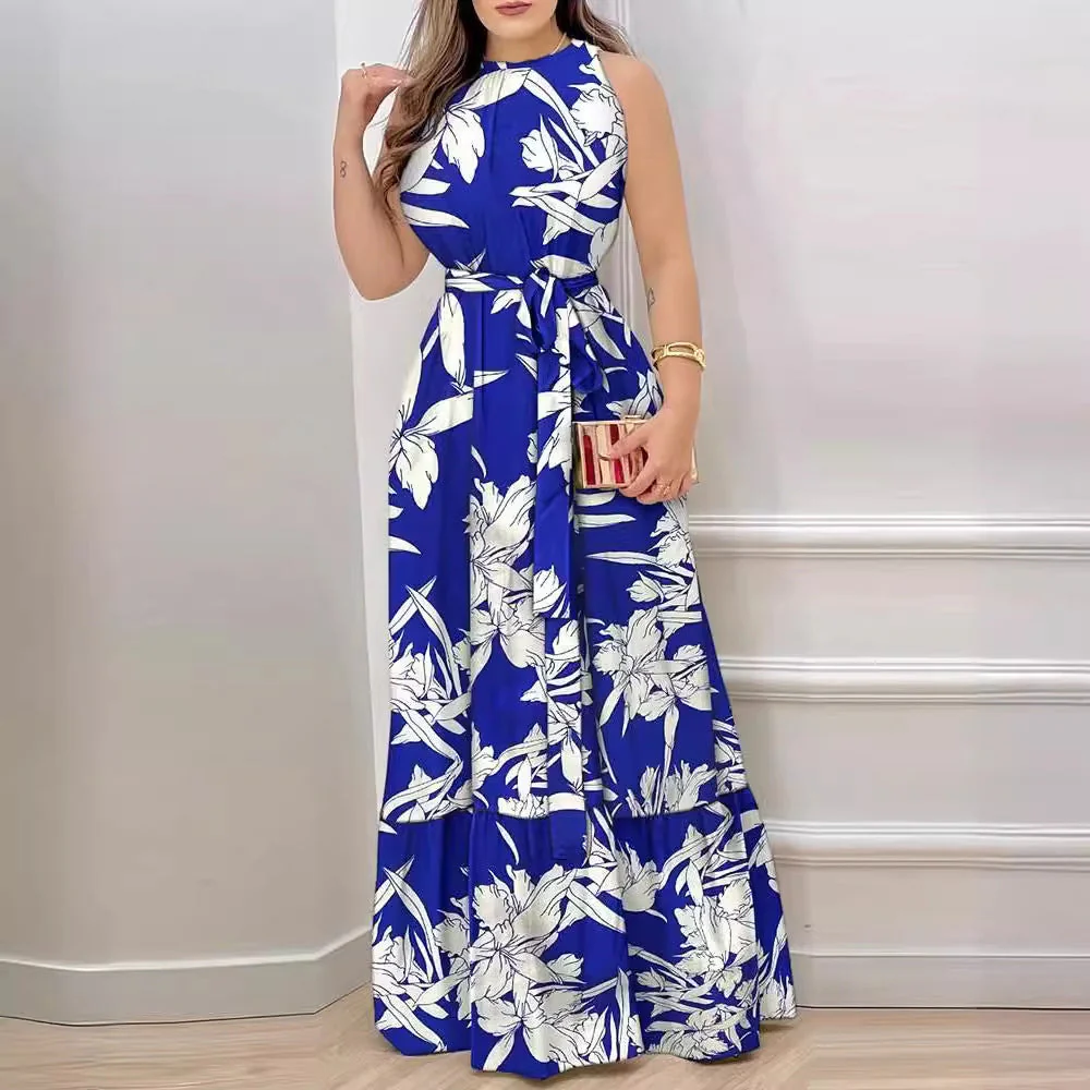 Ladies maxi dress – Halter neck – Floral print – Waist belt – Ruffles – Linen look - Image 3