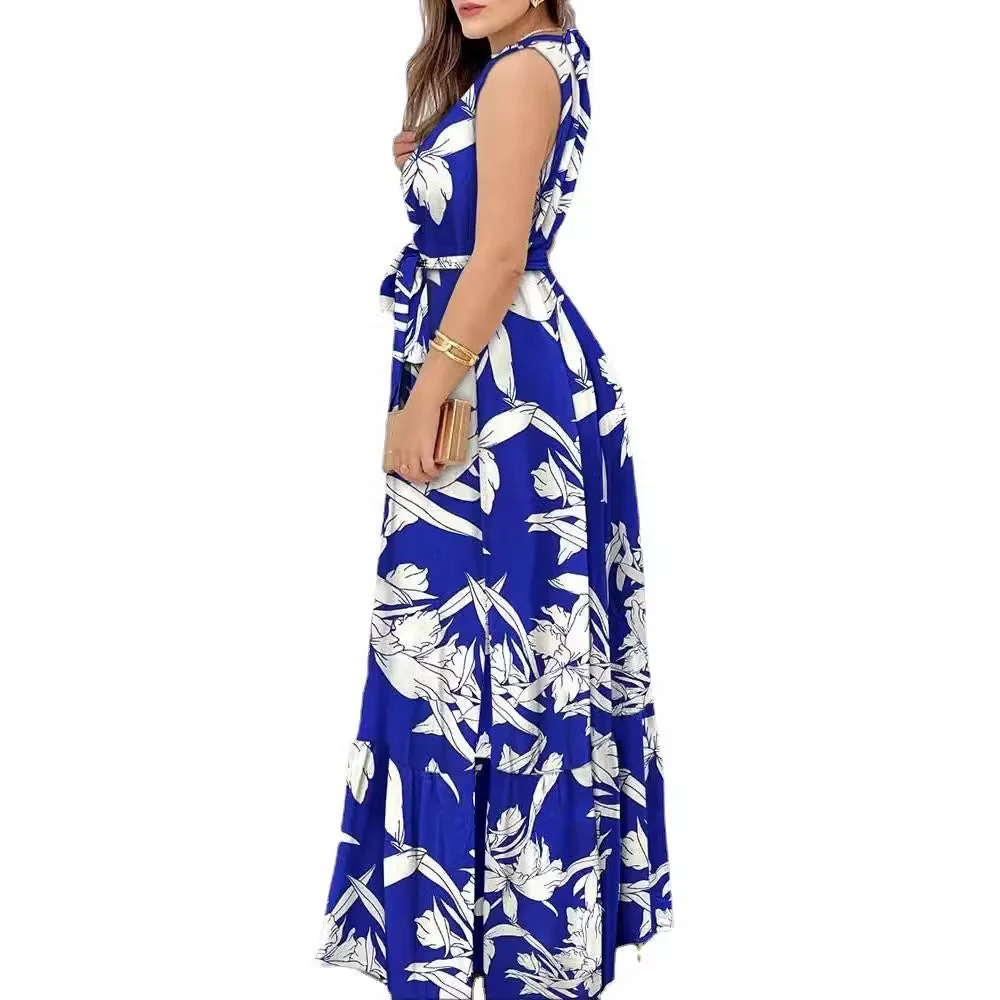 Ladies maxi dress – Halter neck – Floral print – Waist belt – Ruffles – Linen look - Image 4
