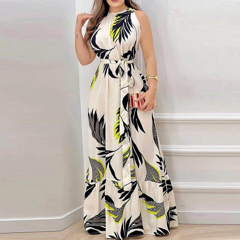 Ladies maxi dress – Halter neck – Floral print – Waist belt – Ruffles – Linen look - Image 5