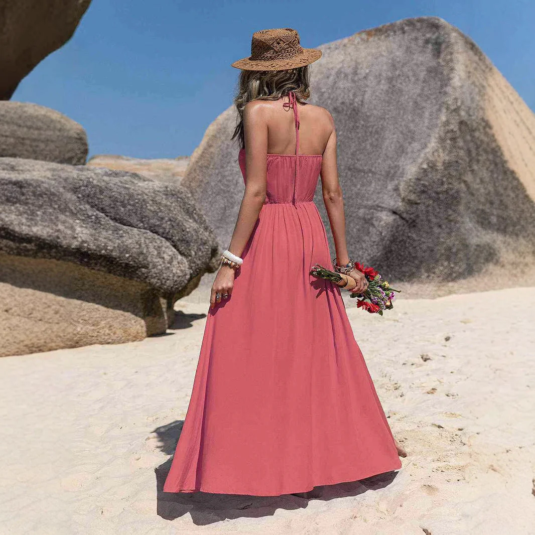 Women's Maxi Dress – Halter Neck – Cotton – Relaxed Fit – Split – Button Detail - Image 3