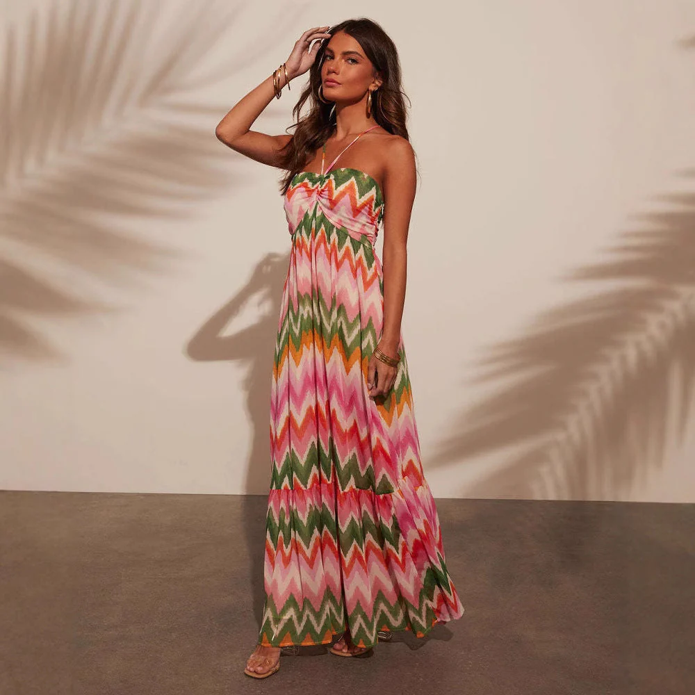 Women's Maxi Dress – Halter Neck – Loose-Fitting Model – Layered Flared Skirt – Breathable - Image 3
