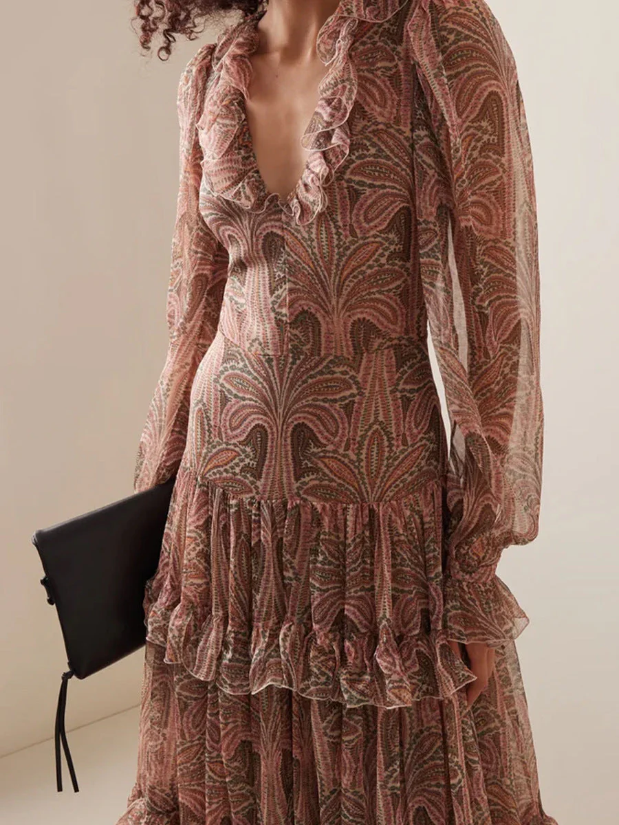 Women's Maxi Dress – High Waist – A-line Fit – Bell Sleeves – Ruffles and V-neck - Image 2