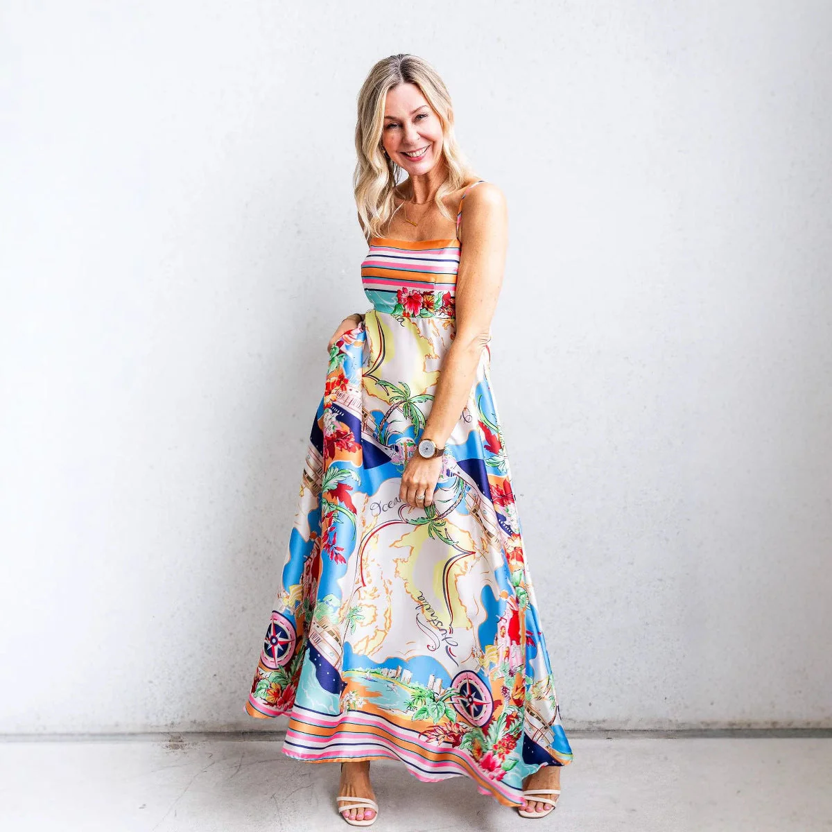 Women's Maxi Dress – High Waist – Spaghetti Straps – Fit and Flare – Resort Print - Image 2