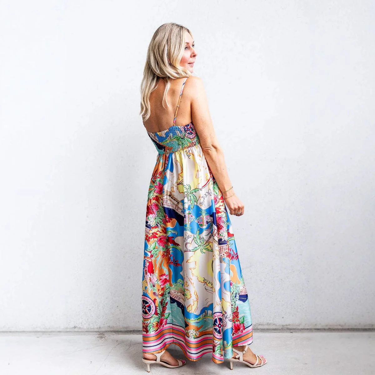 Women's Maxi Dress – High Waist – Spaghetti Straps – Fit and Flare – Resort Print - Image 3