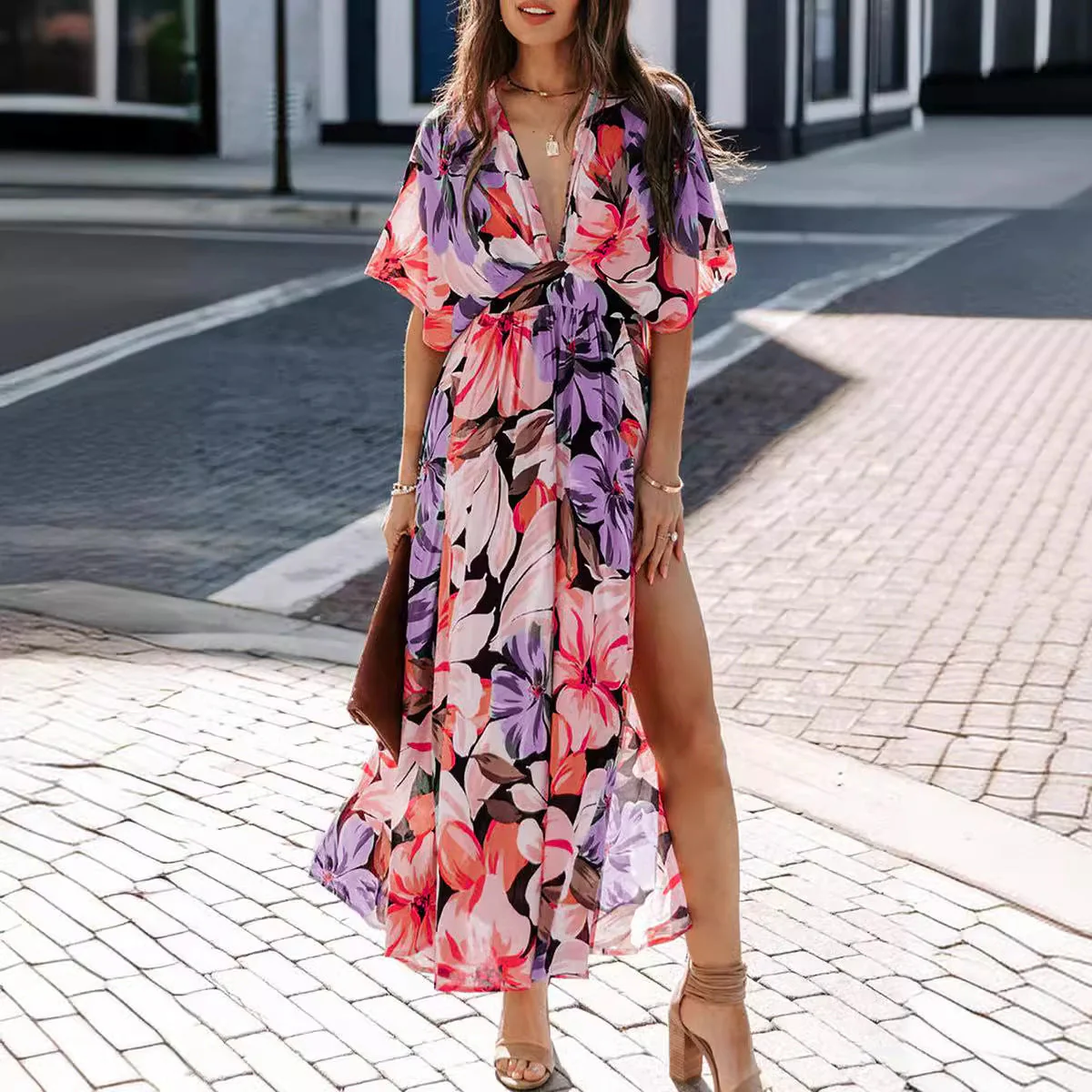 Women's Maxi Dress – High Waist – Wrap V-Neck – Short Sleeves – Floral Print – Split - Image 2