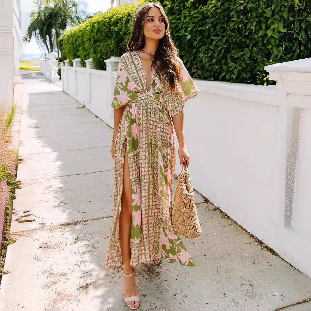 Women's Maxi Dress – High Waist – Wrap V-Neck – Short Sleeves – Floral Print – Split - Image 3