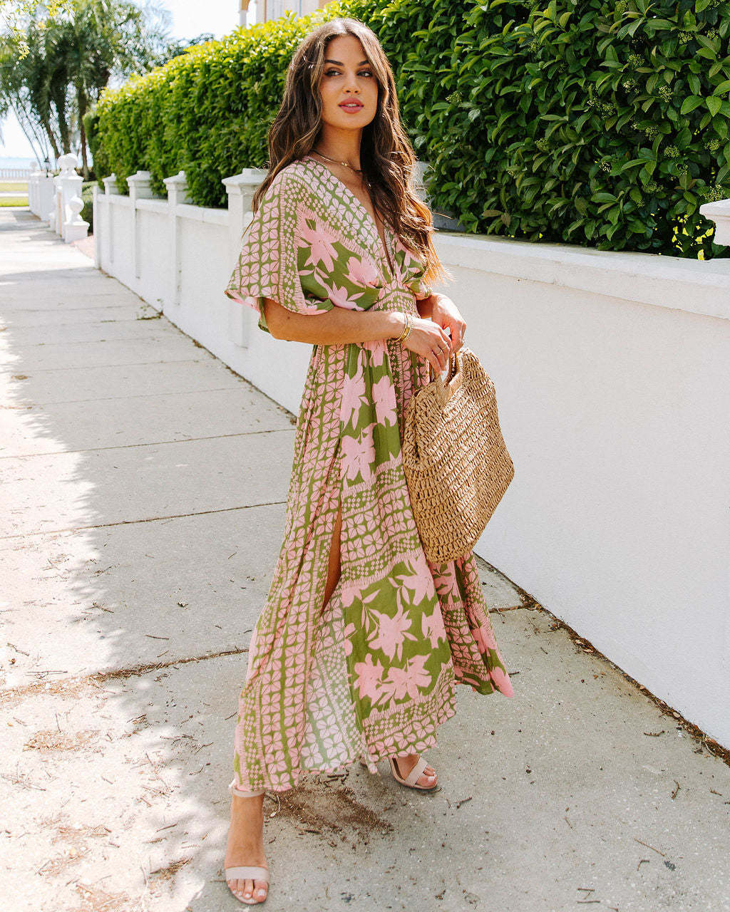 Women's Maxi Dress – High Waist – Wrap V-Neck – Short Sleeves – Floral Print – Split - Image 6