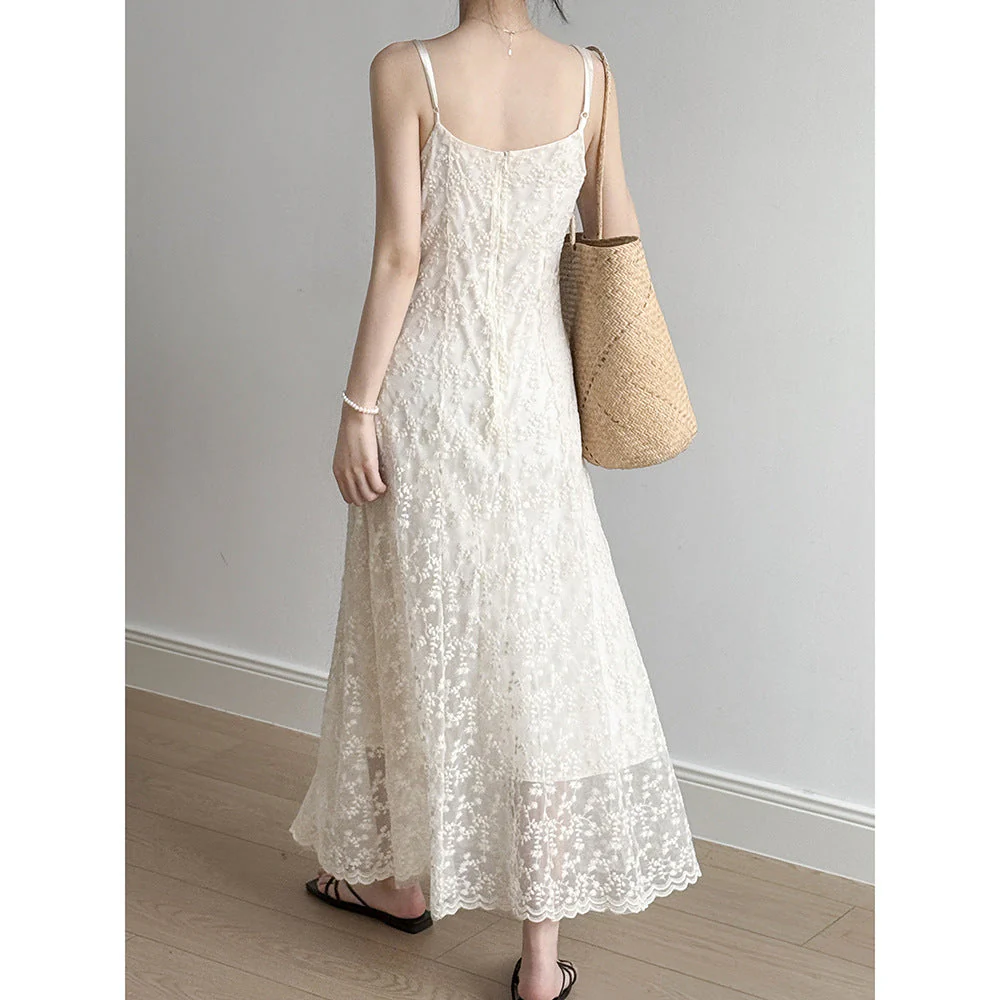 Women's Maxi Dress – Lace Fabric – Slim Fit – Embroidered Floral Motif – Spaghetti Straps - Image 2