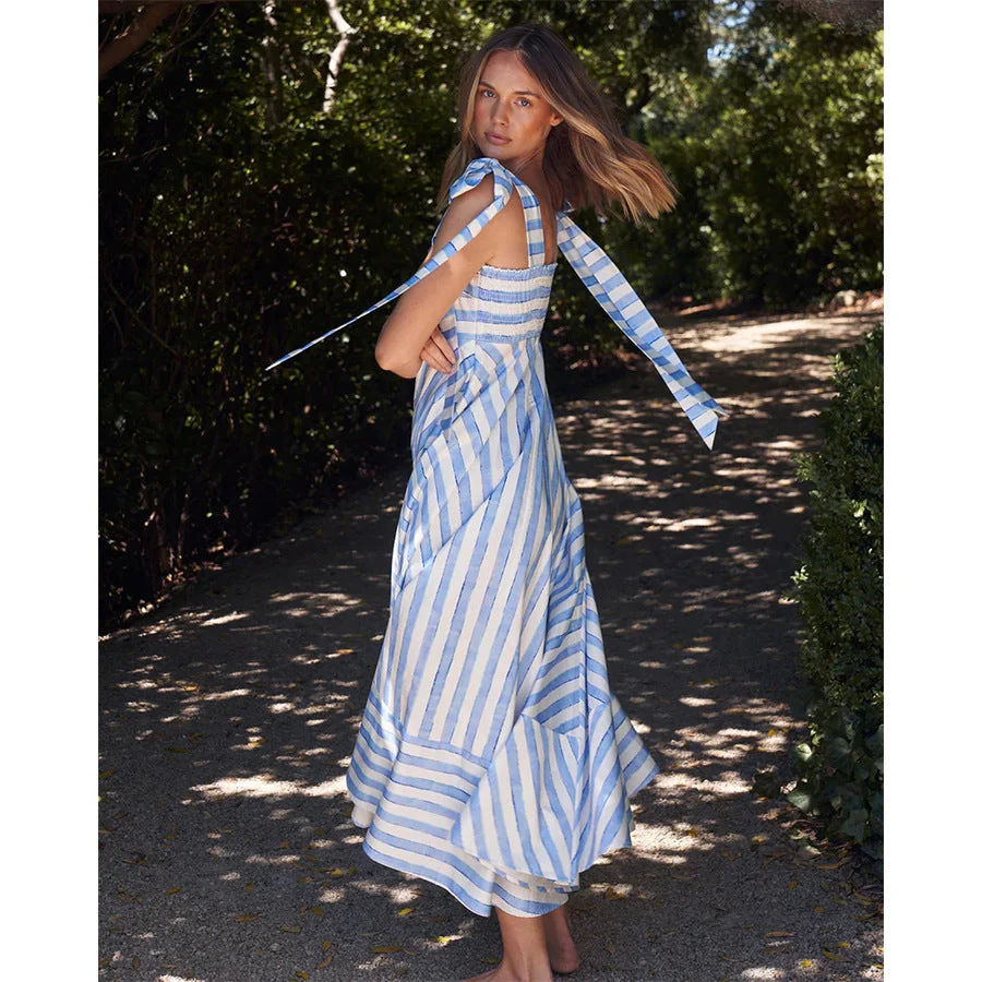 Women's Maxi Dress – Cotton Blend – Smock Top – Tie Straps – Flowy Striped Skirt - Image 2