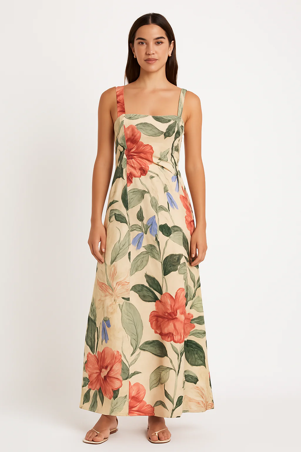 Women's Maxi Dress – Cotton Blend – Square Neck – Sleeveless – Vintage Floral Print - Image 2