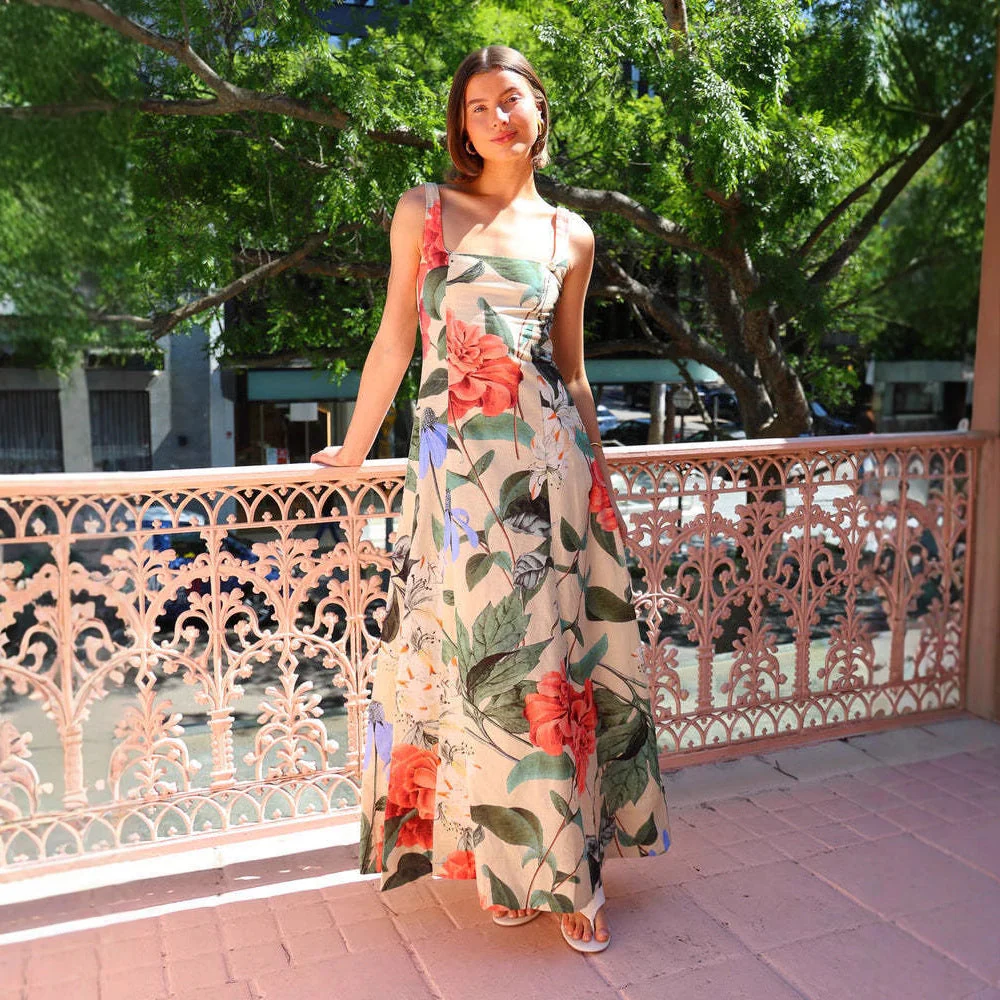 Women's Maxi Dress – Cotton Blend – Square Neck – Sleeveless – Vintage Floral Print - Image 5
