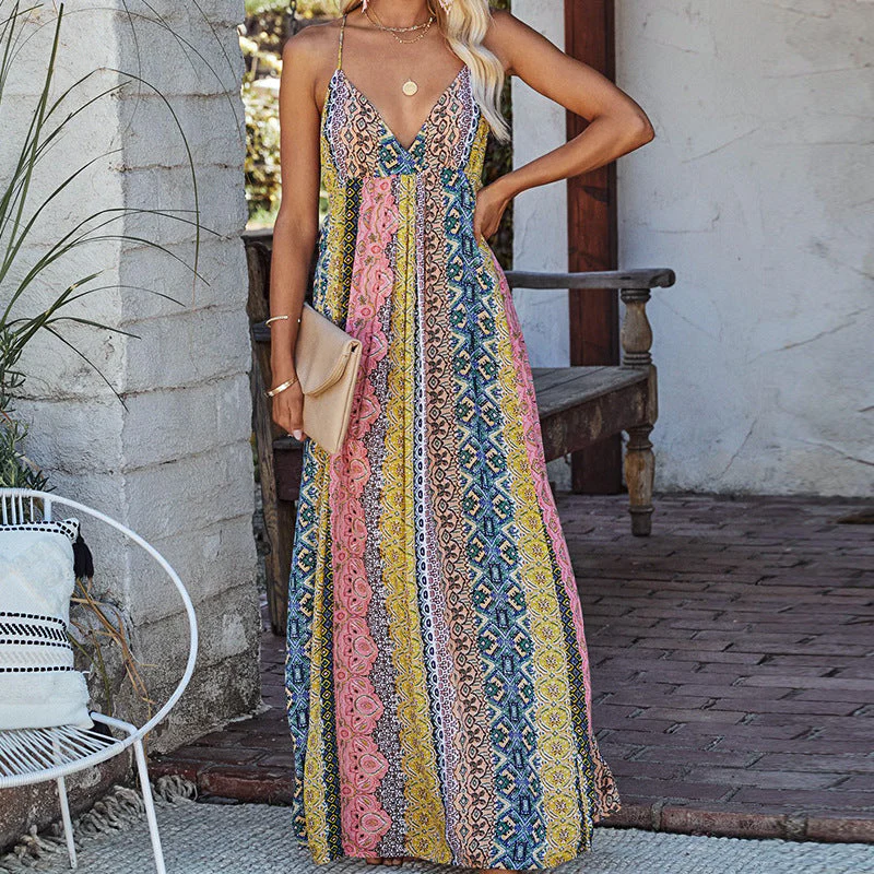 Women's Maxi Dress – Linen – V-Neck – Spaghetti Straps – Open Back – Flowy Fit - Image 2