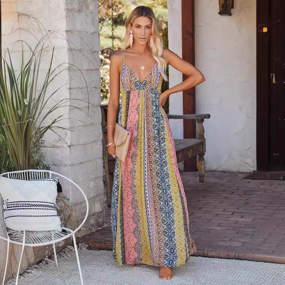 Women's Maxi Dress – Linen – V-Neck – Spaghetti Straps – Open Back – Flowy Fit - Image 3