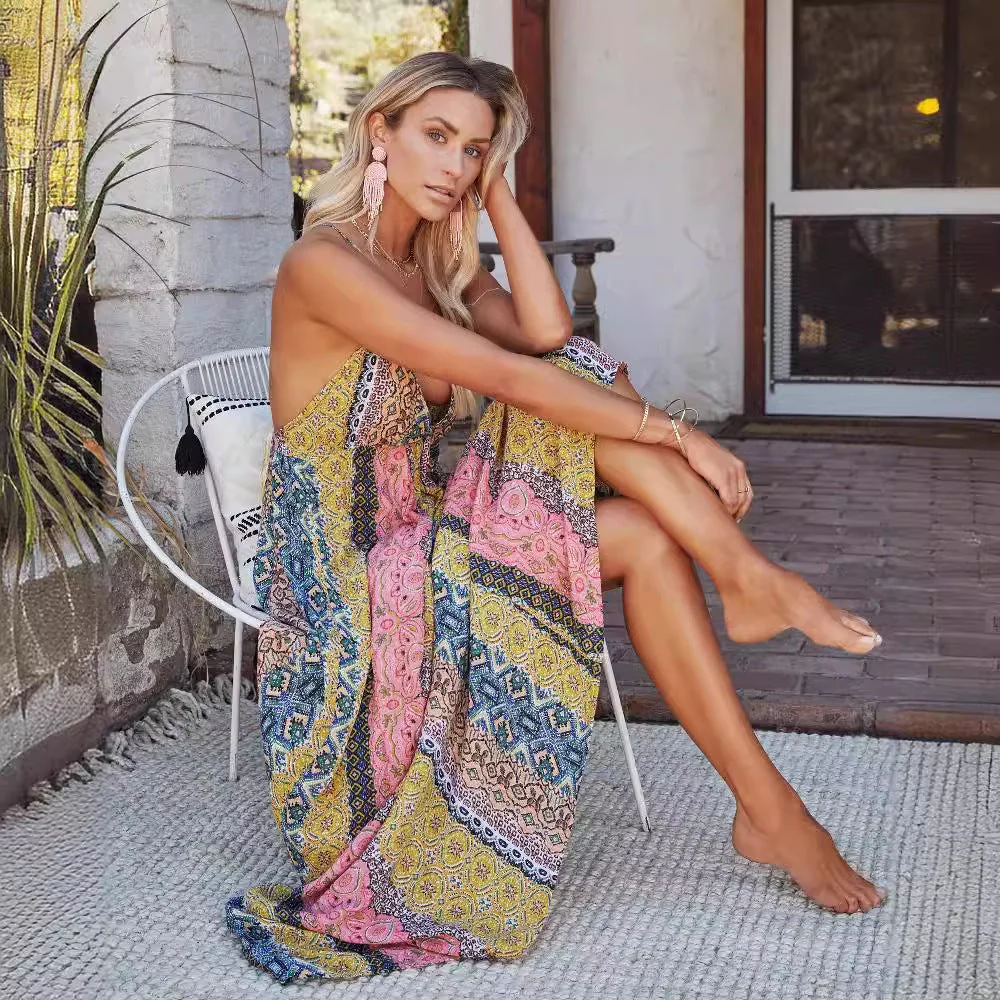Women's Maxi Dress – Linen – V-Neck – Spaghetti Straps – Open Back – Flowy Fit - Image 4