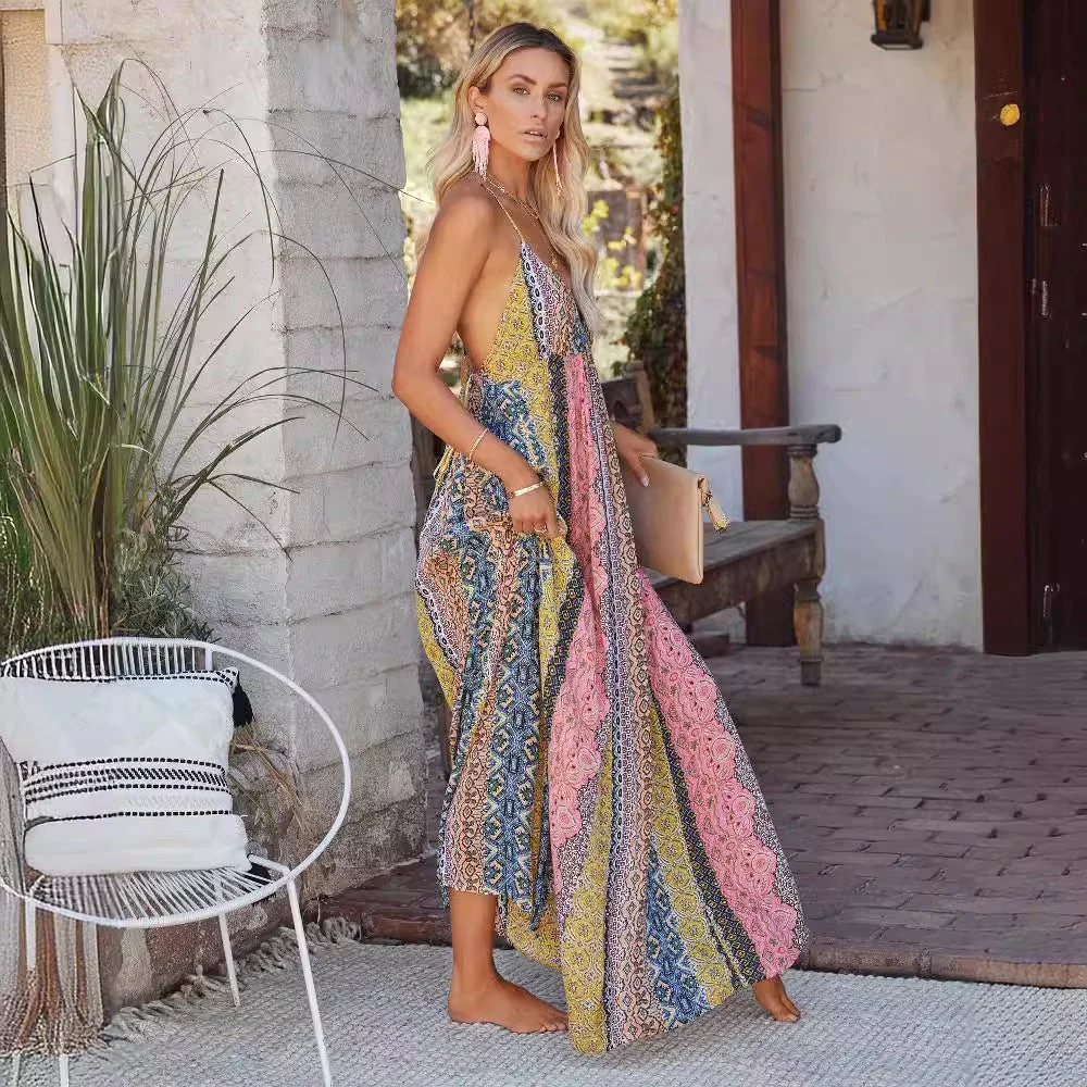 Women's Maxi Dress – Linen – V-Neck – Spaghetti Straps – Open Back – Flowy Fit - Image 5