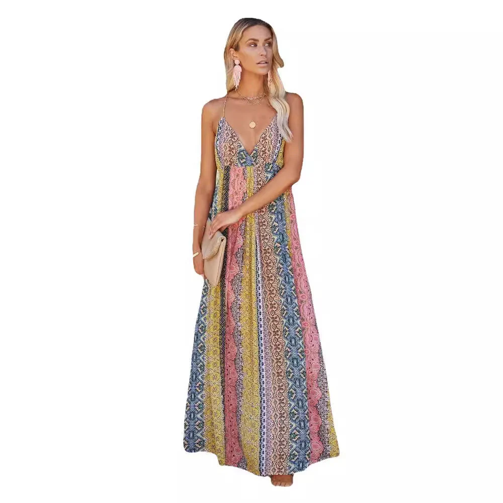 Women's Maxi Dress – Linen – V-Neck – Spaghetti Straps – Open Back – Flowy Fit - Image 6