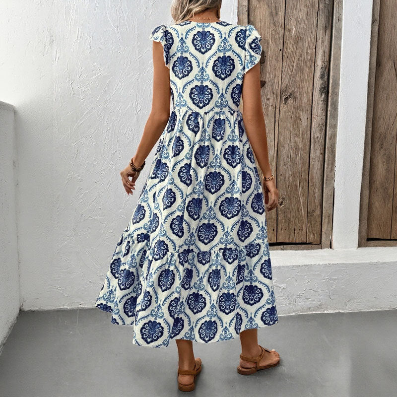 Women's Maxi Dress – Loose Fit – Cotton Mix – Deep V-Neck – Flutter Sleeve – Floral Print - Image 2