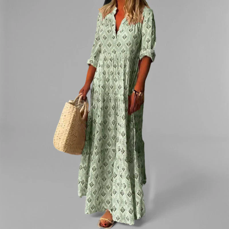 Women's Maxi Dress – Loose Fit – Cotton – V-Neck – Vintage Print – 3/4 Sleeve - Image 2
