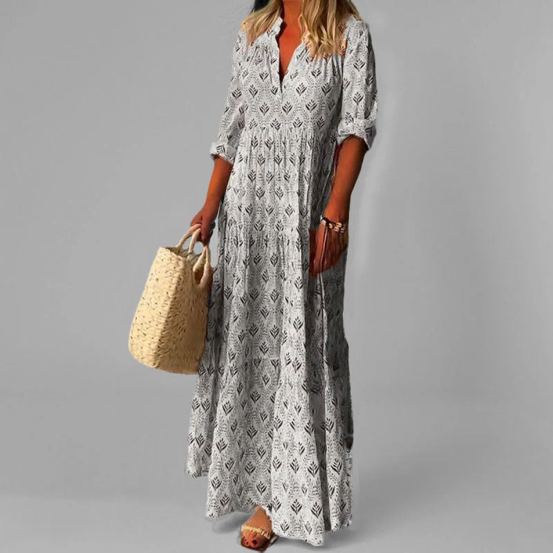 Women's Maxi Dress – Loose Fit – Cotton – V-Neck – Vintage Print – 3/4 Sleeve - Image 3
