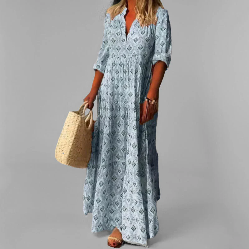 Women's Maxi Dress – Loose Fit – Cotton – V-Neck – Vintage Print – 3/4 Sleeve - Image 4