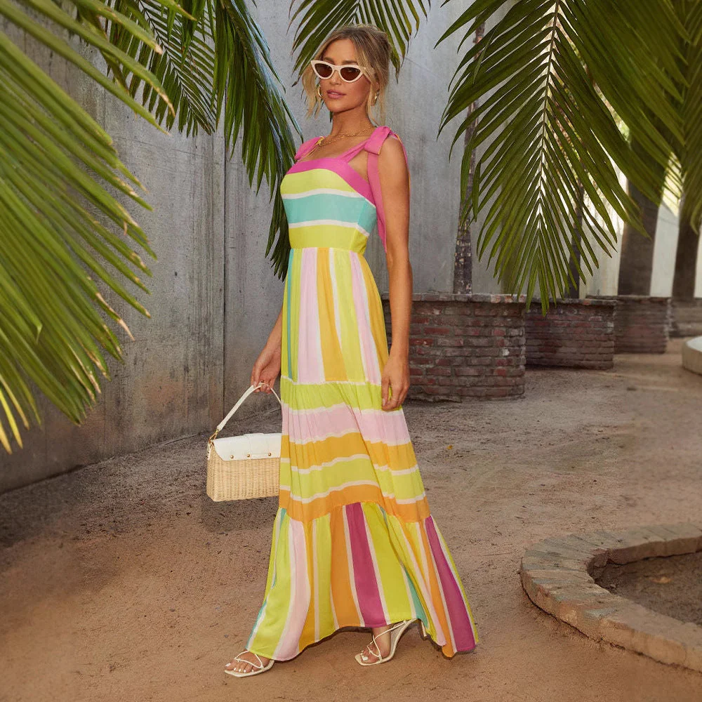 Ladies Maxi Dress – Loose Fit – Square Neck – Tie Straps – Layered Skirt - Image 3