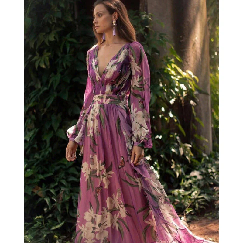 Women's Maxi Dress – Loose-Fitting Style – Floral Print – Chiffon Look – V-Neck – Long Sleeves - Image 2