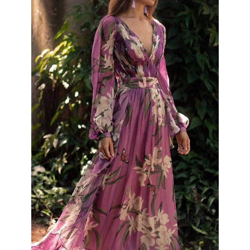 Women's Maxi Dress – Loose-Fitting Style – Floral Print – Chiffon Look – V-Neck – Long Sleeves - Image 3