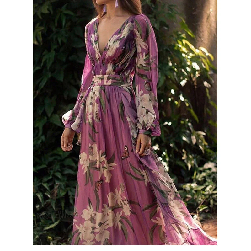 Women's Maxi Dress – Loose-Fitting Style – Floral Print – Chiffon Look – V-Neck – Long Sleeves - Image 4