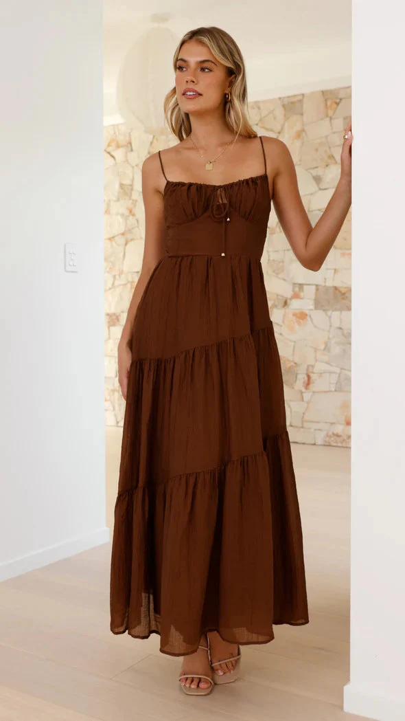Ladies Maxi Dress – Loose-Fitting Model – Spaghetti Straps – Layered A-Line – Low Back - Image 10