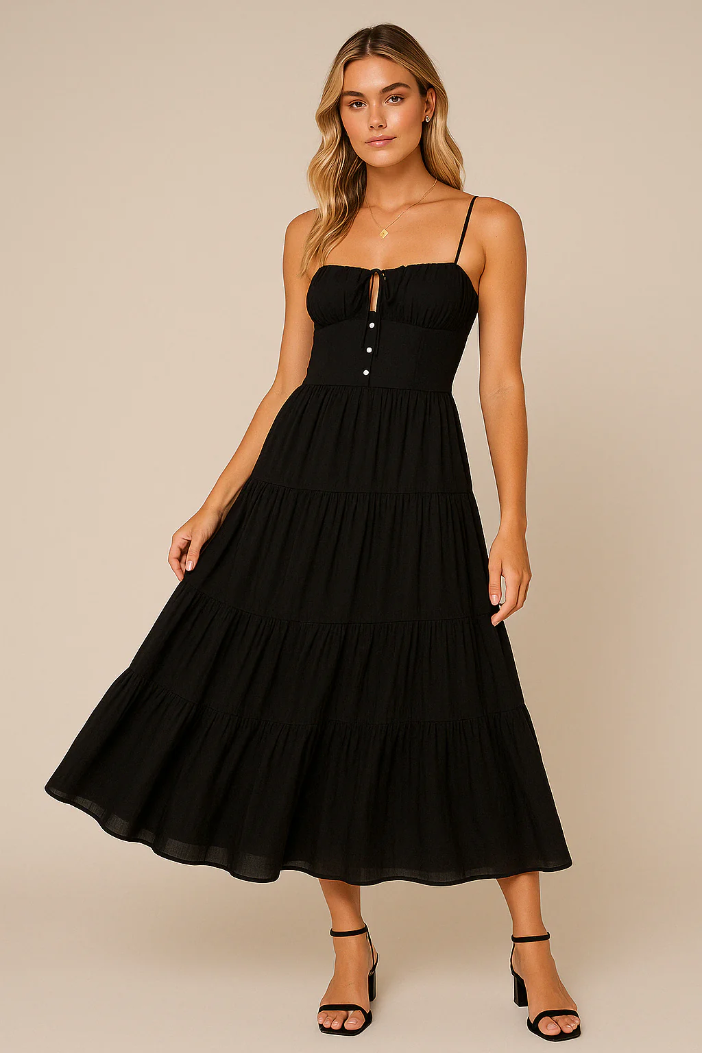 Ladies Maxi Dress – Loose-Fitting Model – Spaghetti Straps – Layered A-Line – Low Back - Image 2