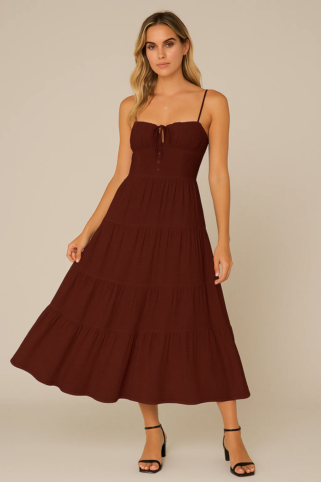 Ladies Maxi Dress – Loose-Fitting Model – Spaghetti Straps – Layered A-Line – Low Back - Image 5