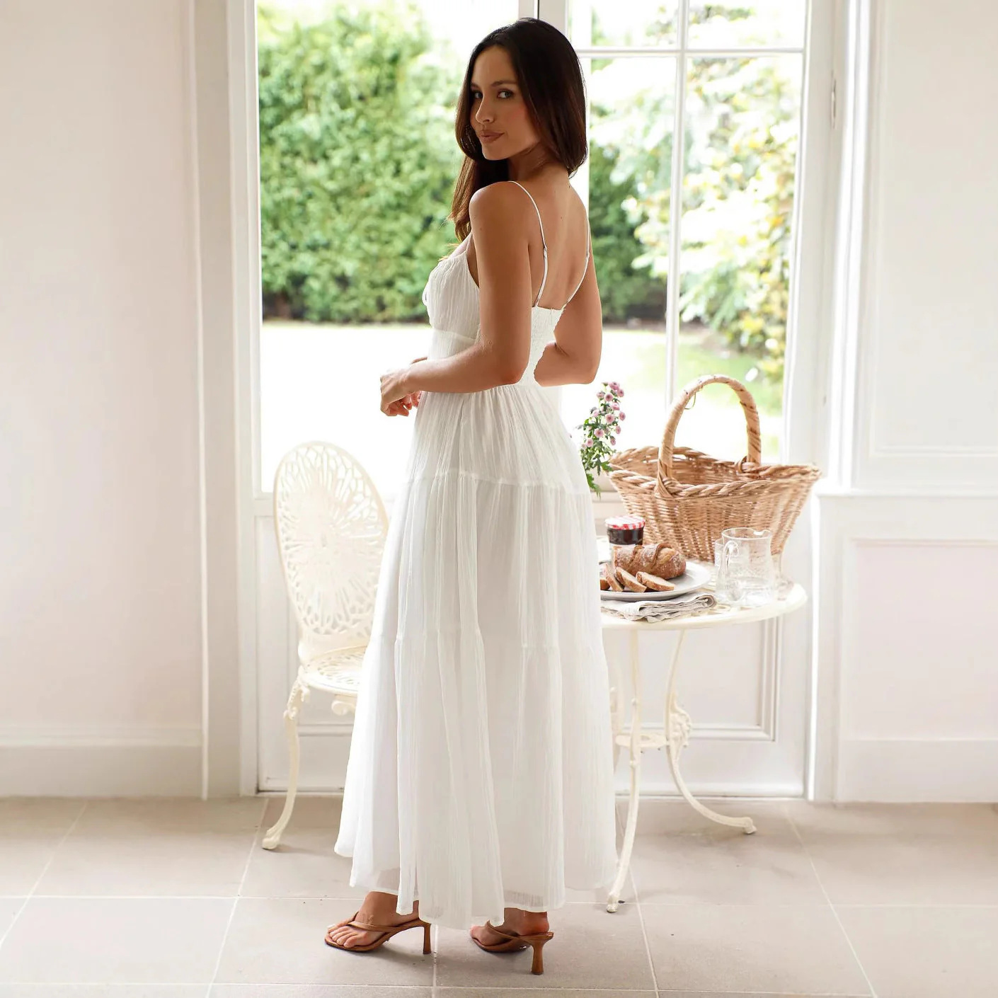Ladies Maxi Dress – Loose-Fitting Model – Spaghetti Straps – Layered A-Line – Low Back - Image 6