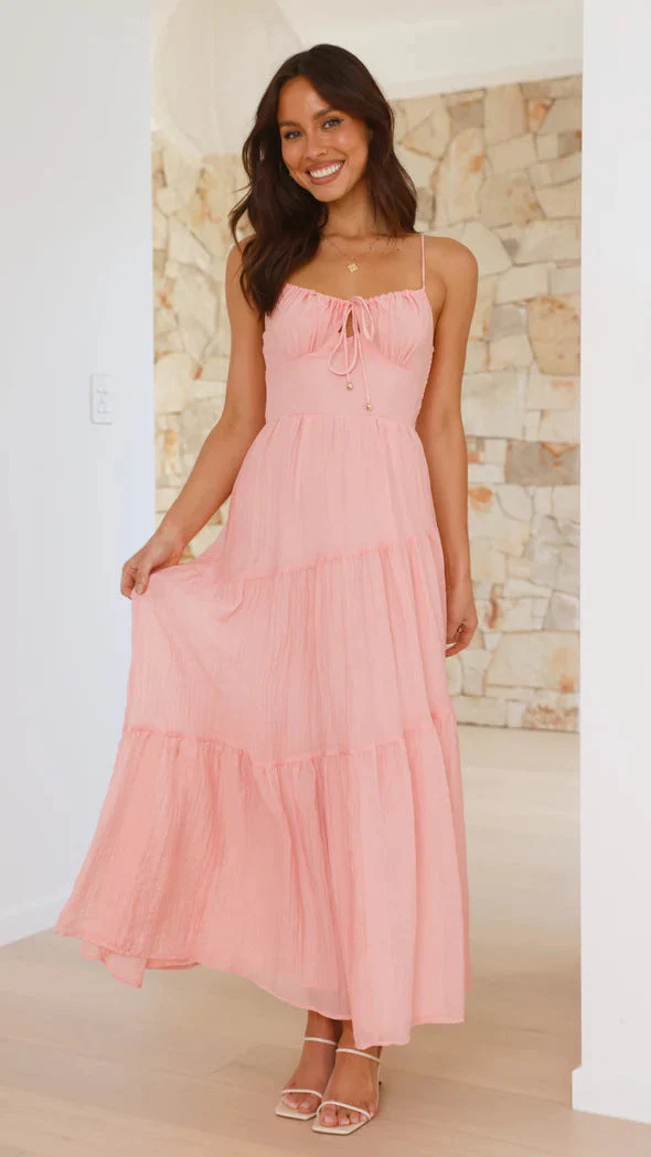 Ladies Maxi Dress – Loose-Fitting Model – Spaghetti Straps – Layered A-Line – Low Back - Image 9
