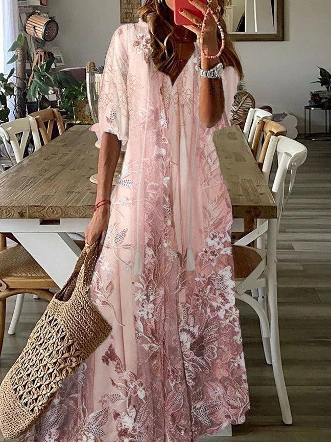 Ladies Maxi Dress – Loose Fit – V-Neck – Lace Floral Pattern – Half Sleeve - Image 2