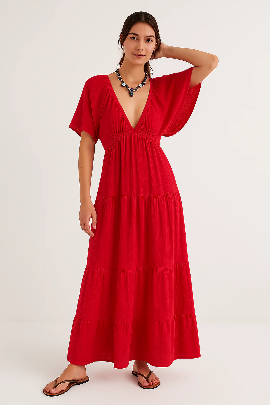 Ladies Maxi Dress – Loose Fit – V-Neck – Open Back – Breathable Cotton Blend - Image 2