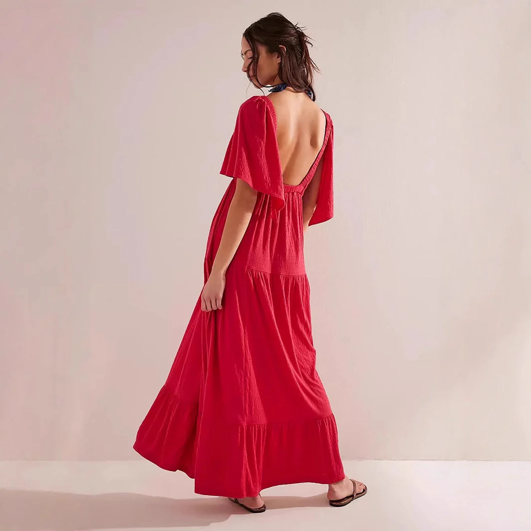 Ladies Maxi Dress – Loose Fit – V-Neck – Open Back – Breathable Cotton Blend - Image 5