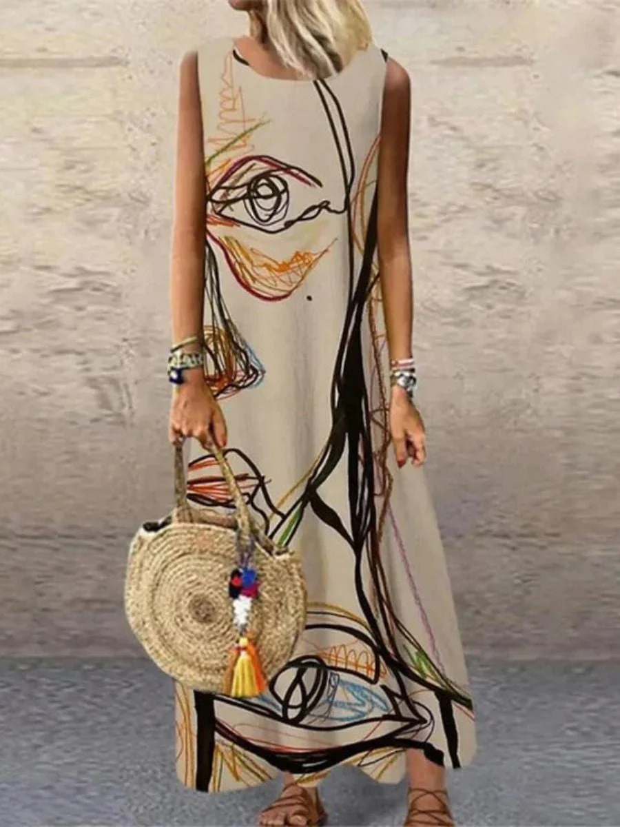 Women's Maxi Dress β Sleeveless β Abstract Print β Relaxed Fit β Natural Fibers