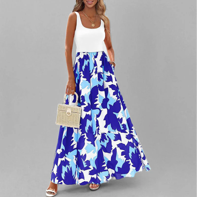 Women's maxi dress – Sleeveless – Low round neckline – High waist – Flowy A-line – Print - Image 2