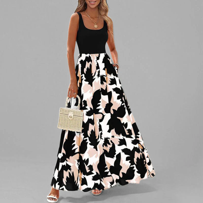 Women's maxi dress – Sleeveless – Low round neckline – High waist – Flowy A-line – Print - Image 3