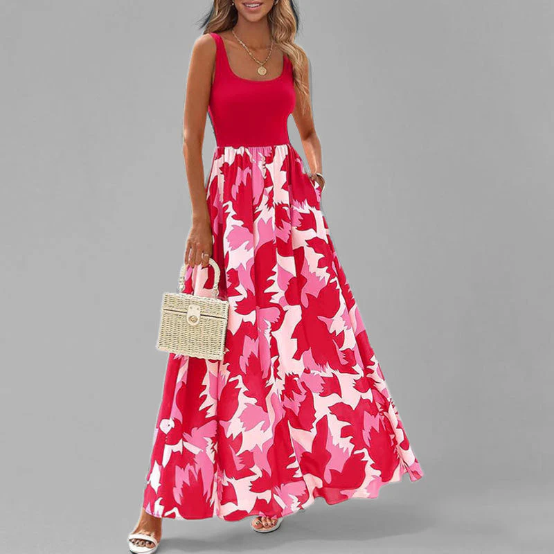 Women's maxi dress – Sleeveless – Low round neckline – High waist – Flowy A-line – Print - Image 4