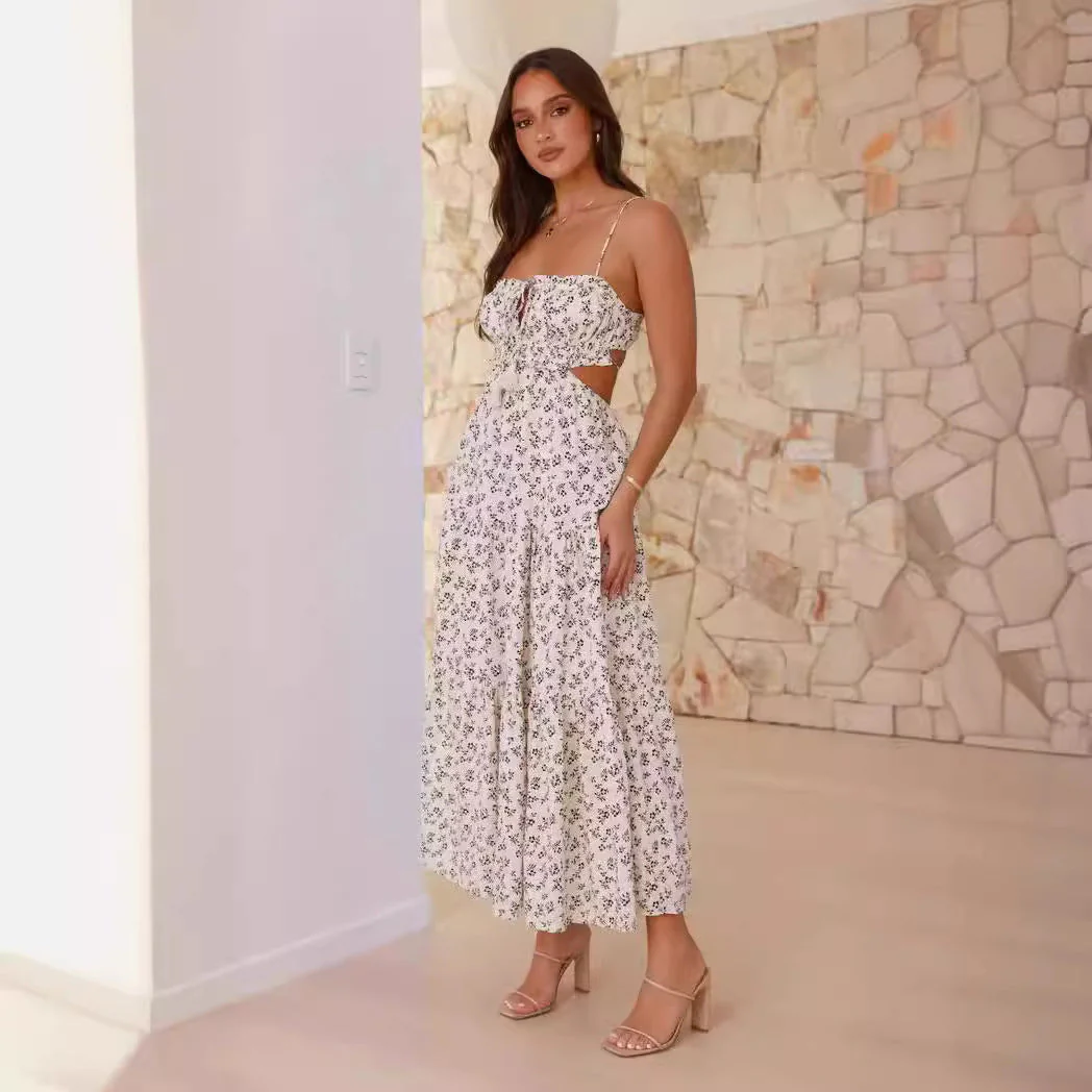 Women's Maxi Dress – Sleeveless V-Neck – A-Line – Breathable Natural Fabrics – Cut-Out Details - Image 2