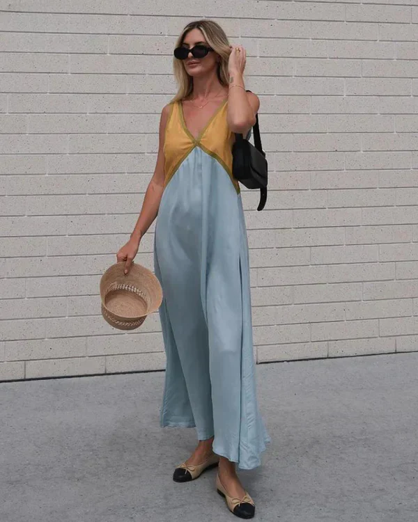 Ladies Maxi Dress – Sleeveless – V-Neck – Airy Fit – Satin-like Fabric - Image 8