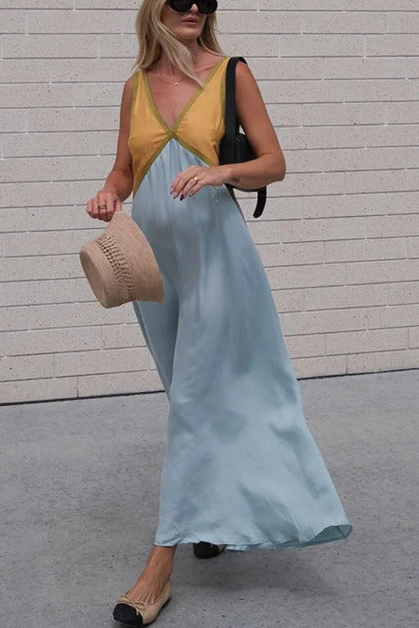 Ladies Maxi Dress – Sleeveless – V-Neck – Airy Fit – Satin-like Fabric - Image 9