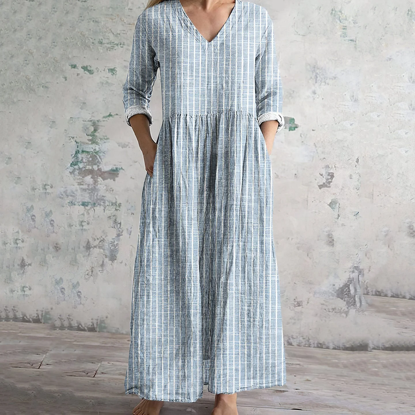 Women's Maxi Dress – Natural Fabrics – Relaxed Fit – V-Neck – Long Sleeves – Striped - Image 2