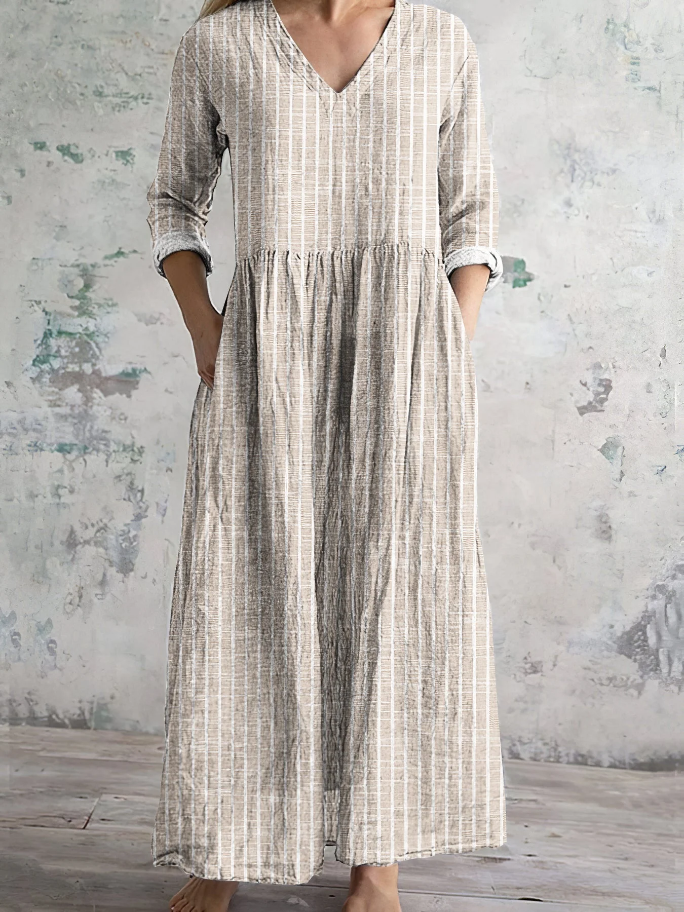Women's Maxi Dress – Natural Fabrics – Relaxed Fit – V-Neck – Long Sleeves – Striped - Image 3