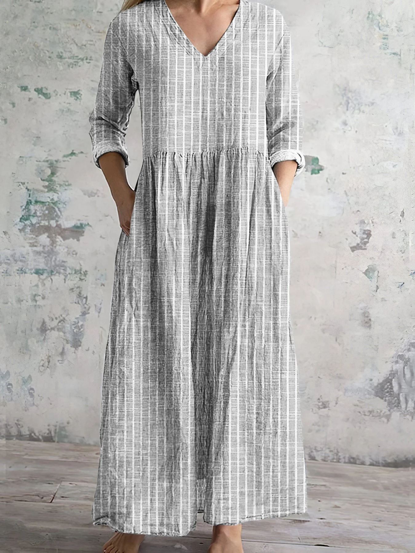 Women's Maxi Dress – Natural Fabrics – Relaxed Fit – V-Neck – Long Sleeves – Striped - Image 4