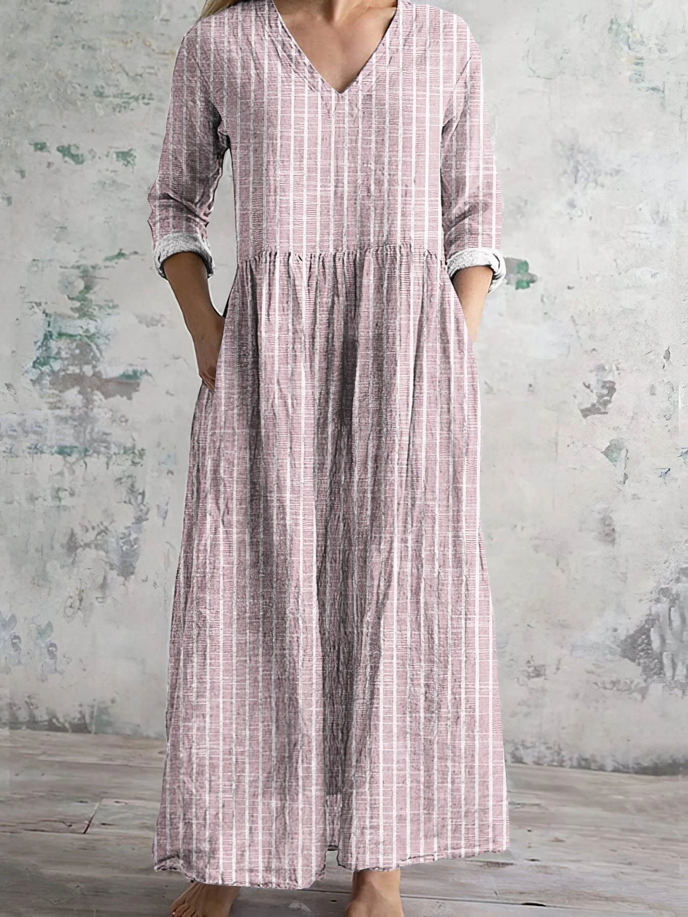 Women's Maxi Dress – Natural Fabrics – Relaxed Fit – V-Neck – Long Sleeves – Striped - Image 5