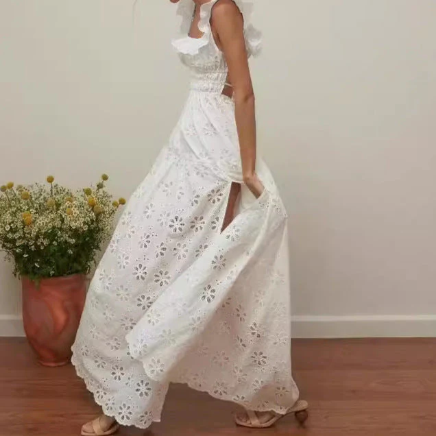 Ladies Maxi Dress – Natural Fabrics – Ruffled Straps – Square Neck – Slit - Image 2