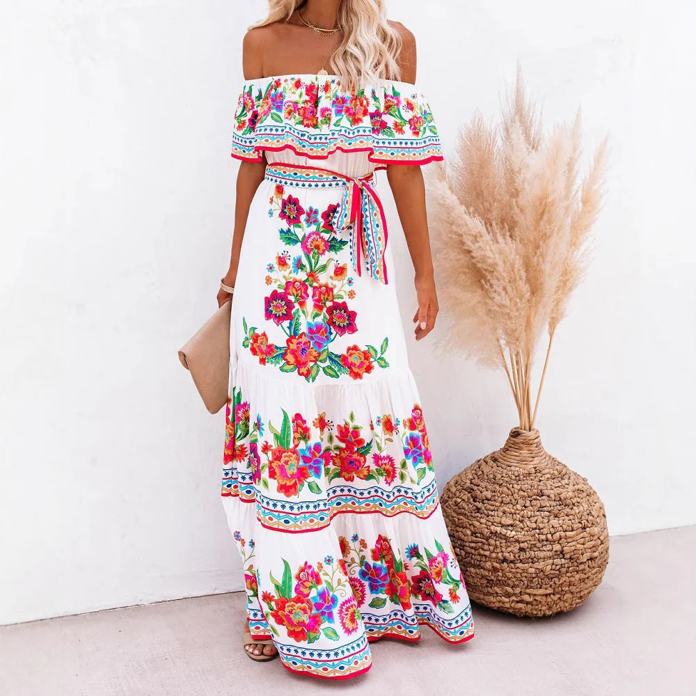 Ladies Maxi Dress – Off-Shoulder – Floral Print – Ruffles – Airy Cotton Blend - Image 2