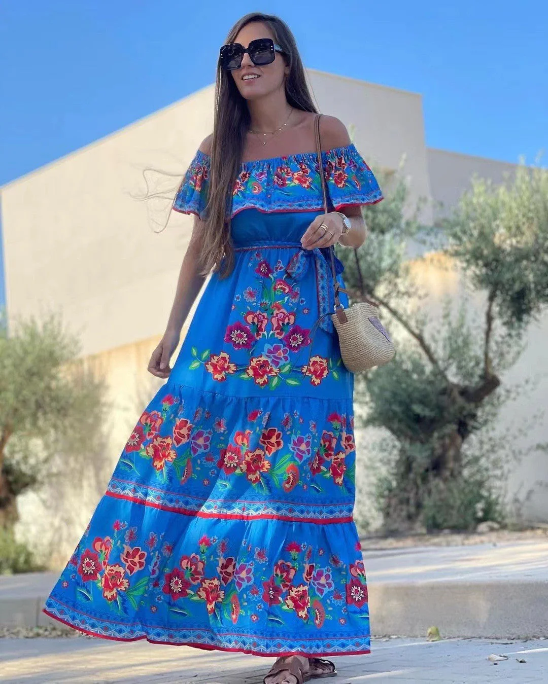 Ladies Maxi Dress – Off-Shoulder – Floral Print – Ruffles – Airy Cotton Blend - Image 4